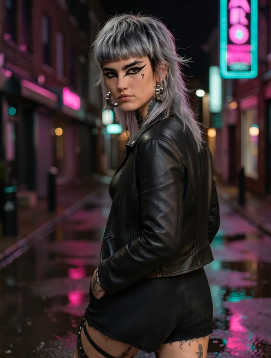 Ergebnis mit LoRA: nachts in einer Neon-Gasse, Blick über die Schulter