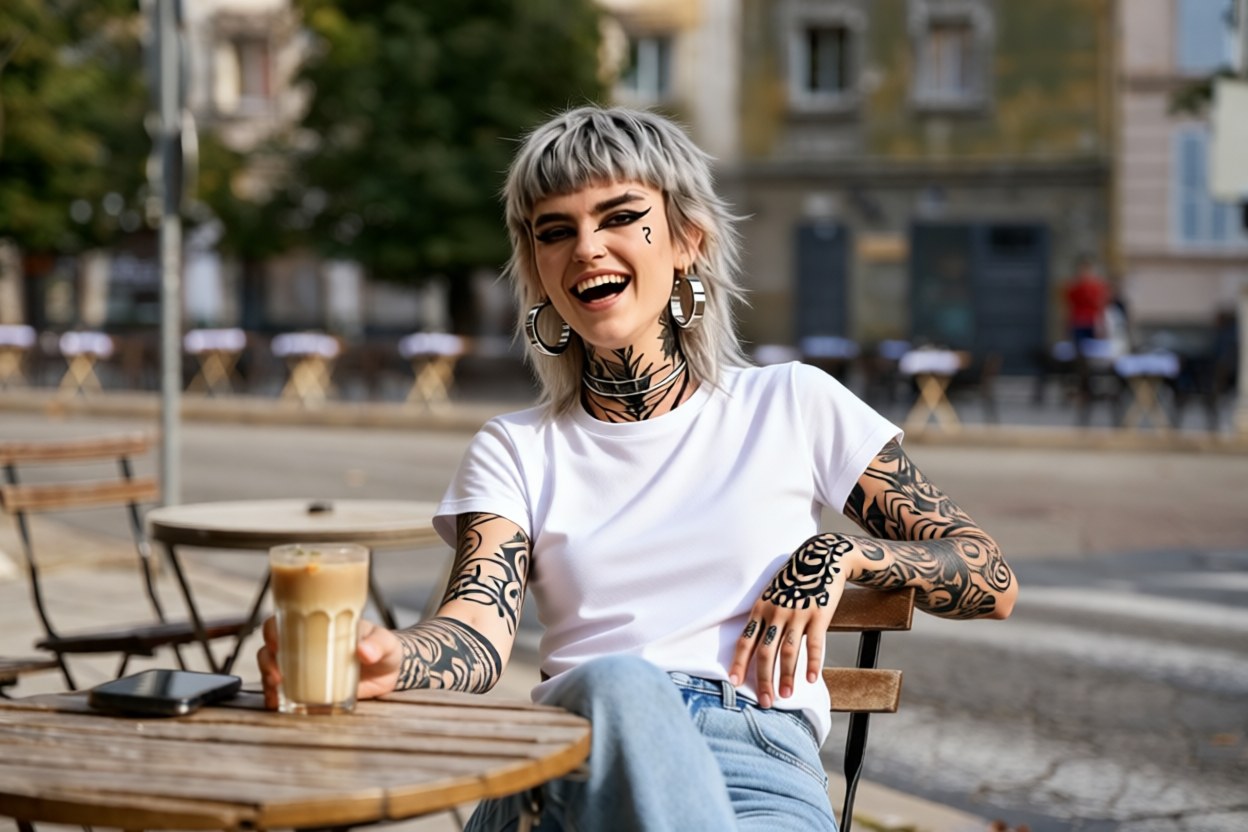 Dieselbe Szene und Pose mit der eigenen Figur: silbergrauer Mullet, grafischer Lidstrich, Fragezeichen-Tattoo, tätowierte Arme