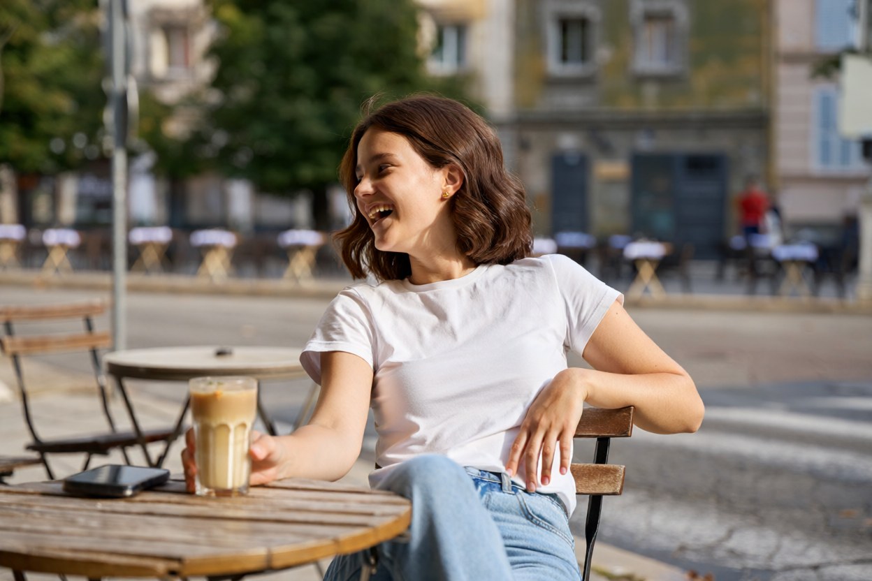 Eine junge Frau mit braunen Haaren und weißem T-Shirt lacht entspannt auf einem Stuhl in einem Straßencafé