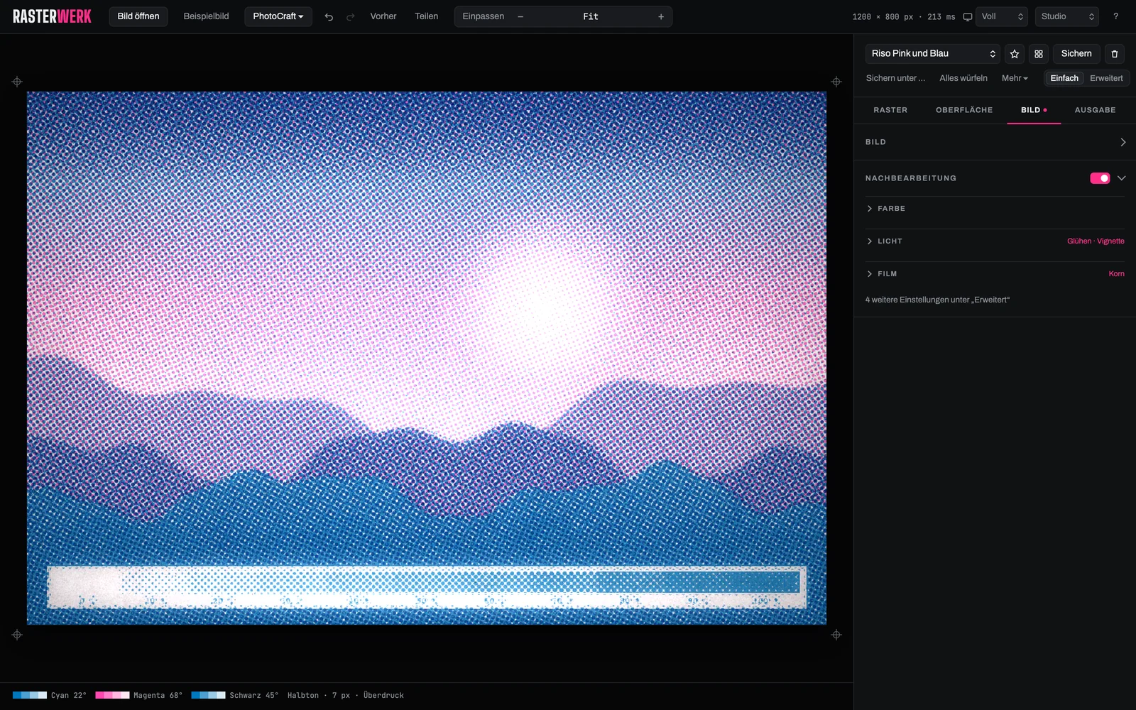 Rasterwerk mit Riso-Look in Pink und Blau, Nachbearbeitung mit Glühen, Vignette und Korn