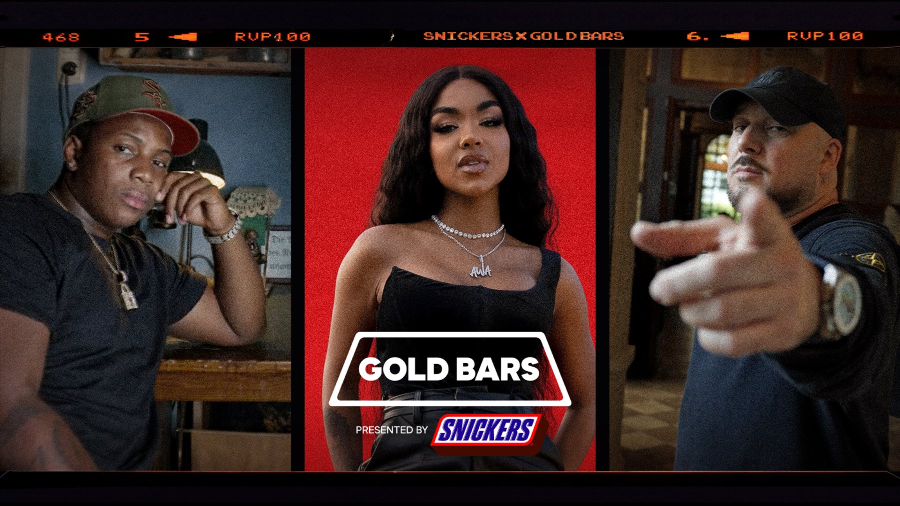 Key Visual Gold Bars presented by Snickers mit Pajel, Alicia Awa und Kool Savas in drei Bildstreifen