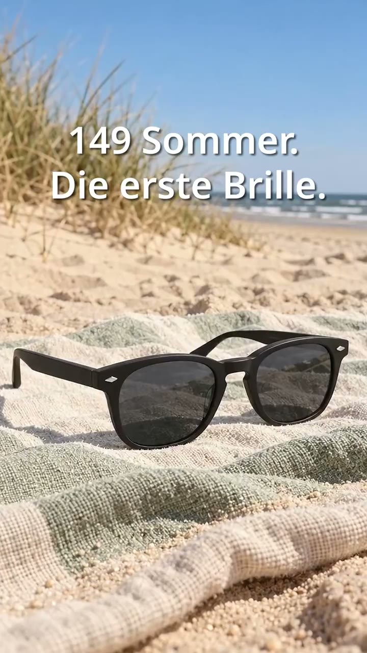 Reel: die Brille auf einem Tuch in den Dünen, darüber „149 Sommer. Die erste Brille.“