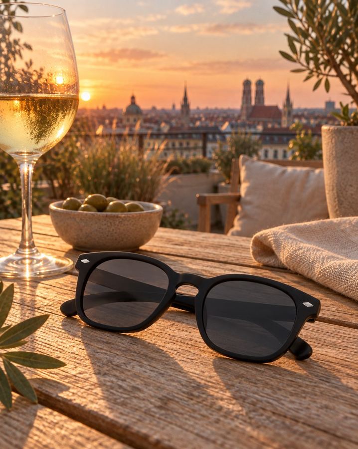 Klassik 01 auf einem Holztisch auf dem Rooftop bei Sonnenuntergang