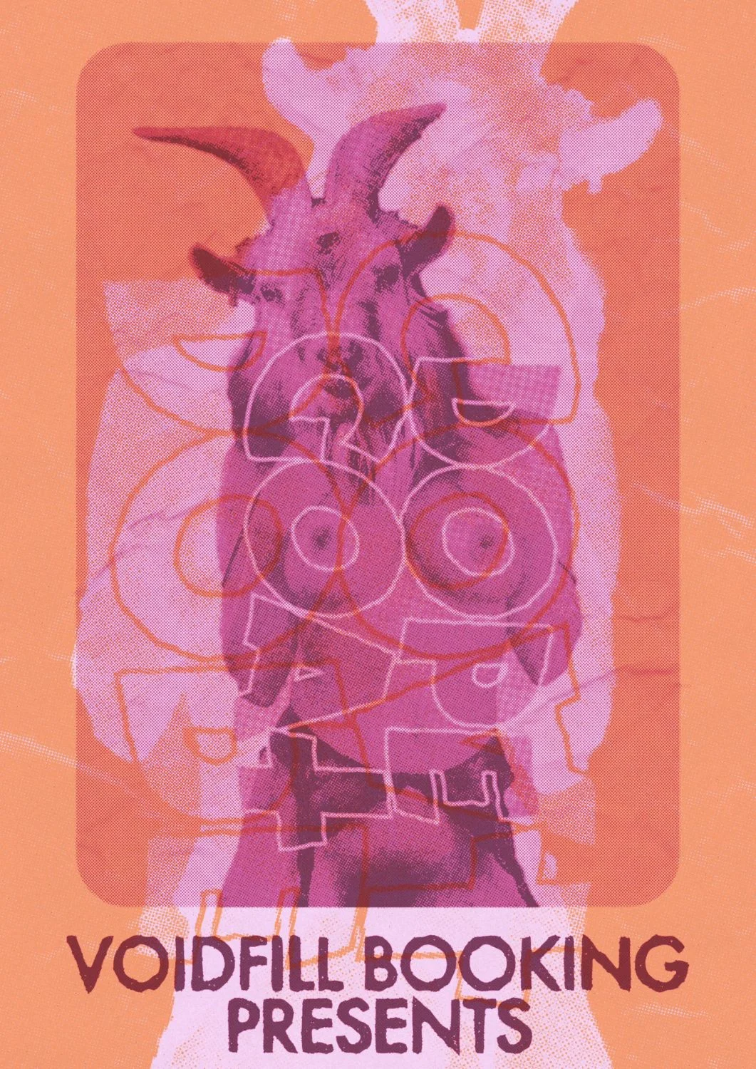 Plakat Dope Goat: Ziegenbock als Halbtonraster in Magenta auf orange-rosa Grund, darunter Voidfill Booking presents