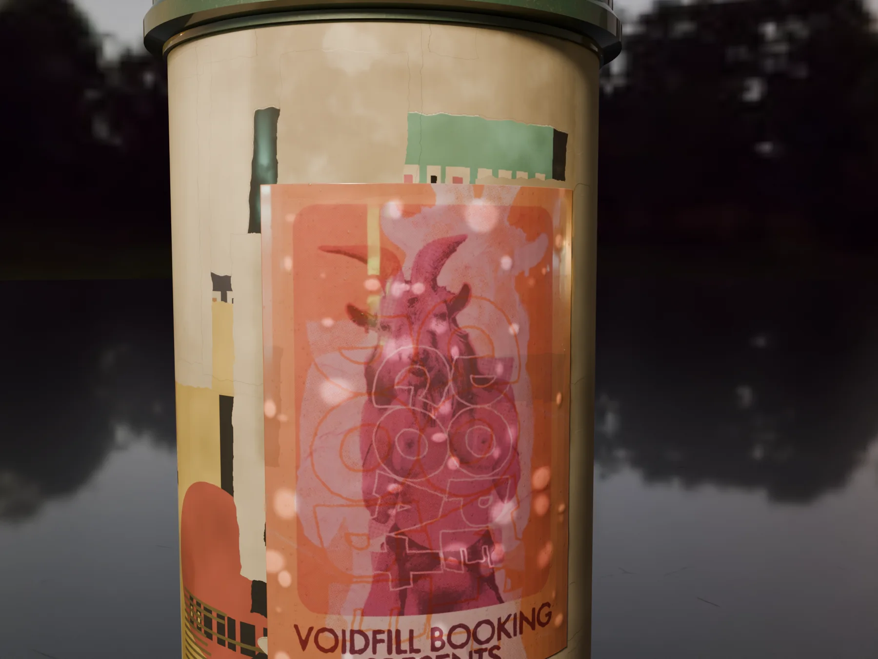 Posterwerk-Rendering: das Plakat regennass auf einer Litfaßsäule bei Nacht, Tropfen auf dem Papier