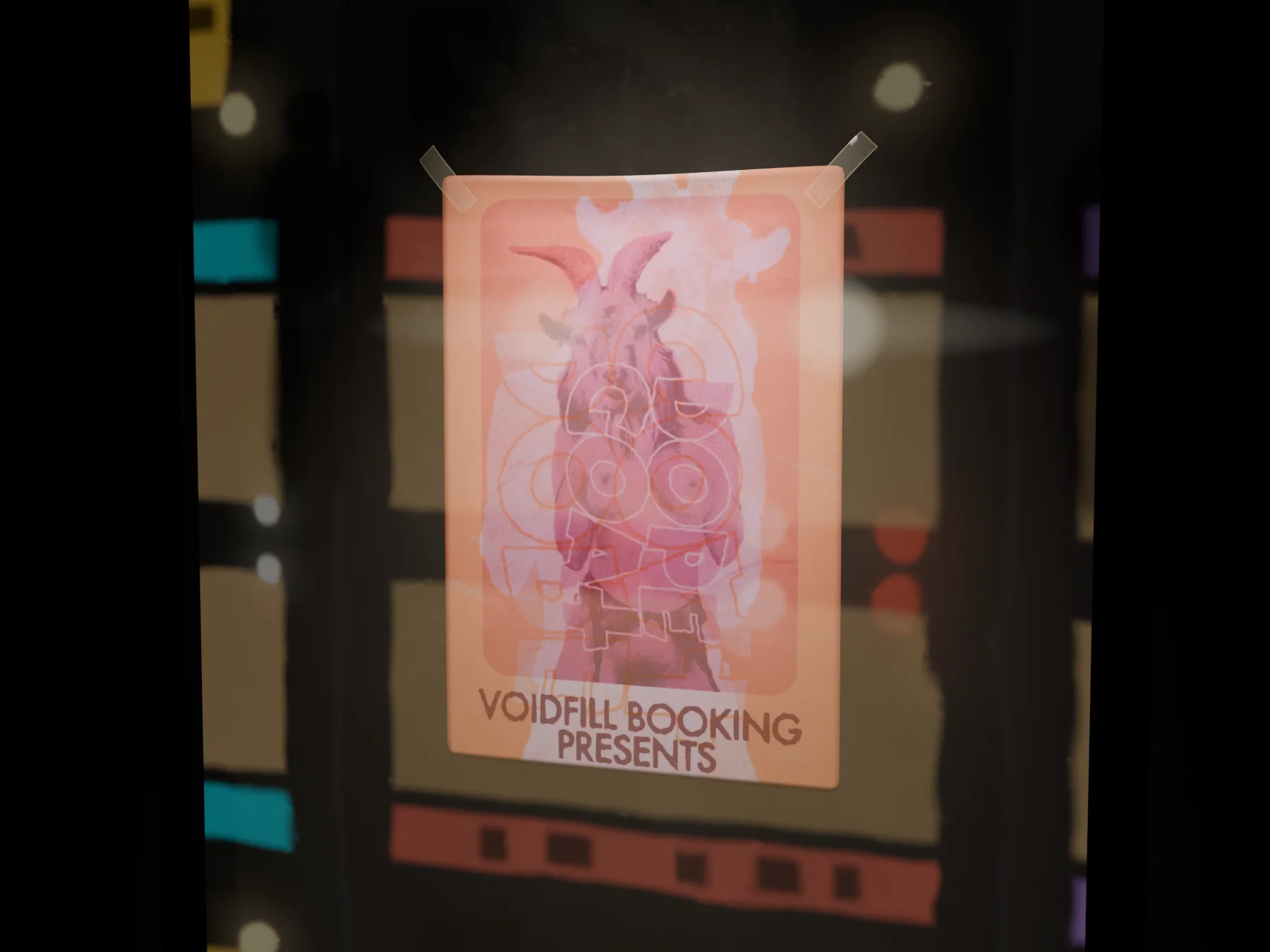 Posterwerk-Rendering: das Plakat mit Klebeband hinter einer Schaufensterscheibe bei Nacht, Lichter spiegeln sich